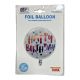 Round helium balloon printed with Happy Birthday and small colorful circles